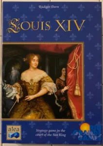 Alt text: "Board game cover for 'Louis XIV' featuring an elaborate painting of a woman in a golden dress, with another figure behind her, against a blue background with golden fleur-de-lis. The cover includes the text 'Rüdiger Dorn,' 'Louis XIV,' and 'Strategy game in the court of the Sun King,' along with the logos 'alea' and 'Rio Grande Games'."