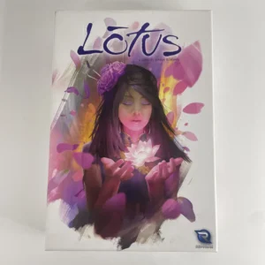 The image shows the cover of "Lotus," a board game by Jordan and Mandy, featuring artwork of a woman with closed eyes, gently holding a glowing white lotus flower, surrounded by purple petals. The Renegade Game Studios logo is visible at the bottom right corner.