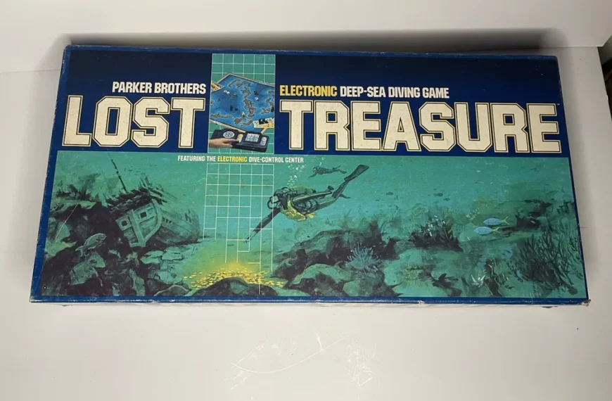 Vintage "Lost Treasure" board game by Parker Brothers, featuring an underwater scene with sunken ships and treasure, and the tagline "Electronic Deep-Sea Diving Game".