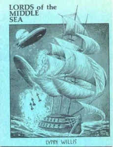 Alt text: Illustration for "Lords of the Middle Sea" by Lynn Willis, featuring a sailing ship being attacked by giant tentacles, with figures in the water and an ocean backdrop.