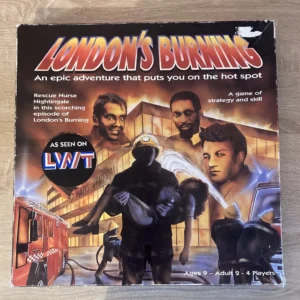 Board game cover featuring an illustration related to firefighting, with images of firefighters in action, a person being rescued, and a fire engine. The title "LONDON'S BURNING" is prominent at the top with the tagline "An epic adventure that puts you on the hot spot" and text at the bottom indicating the game is suitable for "Ages 9 - Adult 2 - 4 Players." The cover also states "As seen on LWT" with the LWT logo.