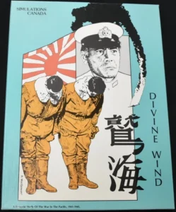 Cover of "Divine Wind" board game by Simulations Canada, featuring an illustration of two kamikaze pilots with heads bowed and a stern-faced officer, with a Japanese rising sun flag in the background, alongside Japanese and English text.