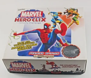 A boxed set of the Marvel HeroClix: Infinity Challenge, Premier Edition, featuring illustrations of Spider-Man and other Marvel characters on the cover.
