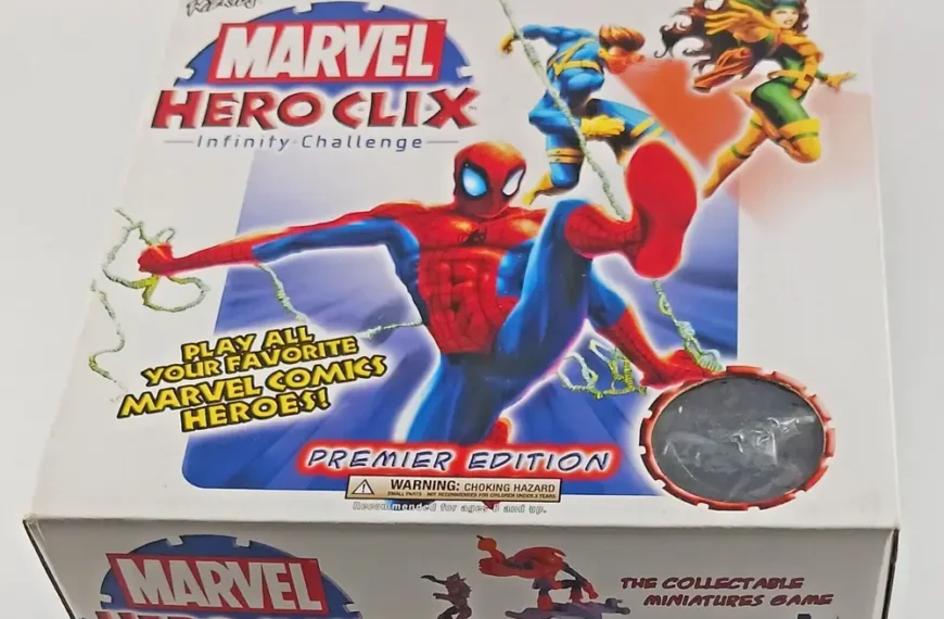 A boxed set of the Marvel HeroClix: Infinity Challenge, Premier Edition, featuring illustrations of Spider-Man and other Marvel characters on the cover.
