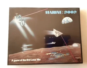 A board game box cover for "MARINE: 2002," depicting a sci-fi illustration with spaceships, astronauts, and the Earth in the background, suggesting a theme of the first Lunar War.