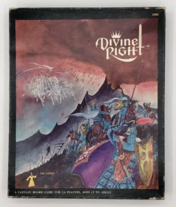 Box cover of "Divine Right" board game featuring fantasy artwork with armored knights on horses, a robed spellcaster, and ghostly figures in the sky, labeled for 2-6 players, ages 12 to adult by TSR Games.