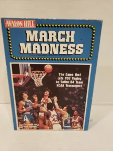 Boxed board game "March Madness" by Avalon Hill featuring a basketball game scene with players in action on the cover.