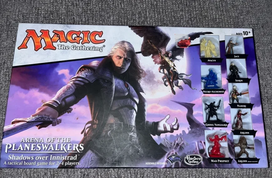 A "Magic: The Gathering - Arena of the Planeswalkers, Shadows over Innistrad" board game box, featuring fantasy artwork and miniature game pieces for characters like Avacyn, Jace, Sorin, and others. The game is intended for 2-4 players, aged 10 and up.