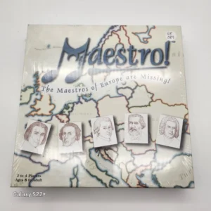 A board game titled "Maestro!" with the subtitle "The Maestros of Europe are Missing!" displayed on a table. The game cover features a large music note, a map of Europe, and portraits of five historical figures. It's for 2 to 4 players, ages 8 to adult. The lower part of the image shows the watermark of "Galaxy S22+".