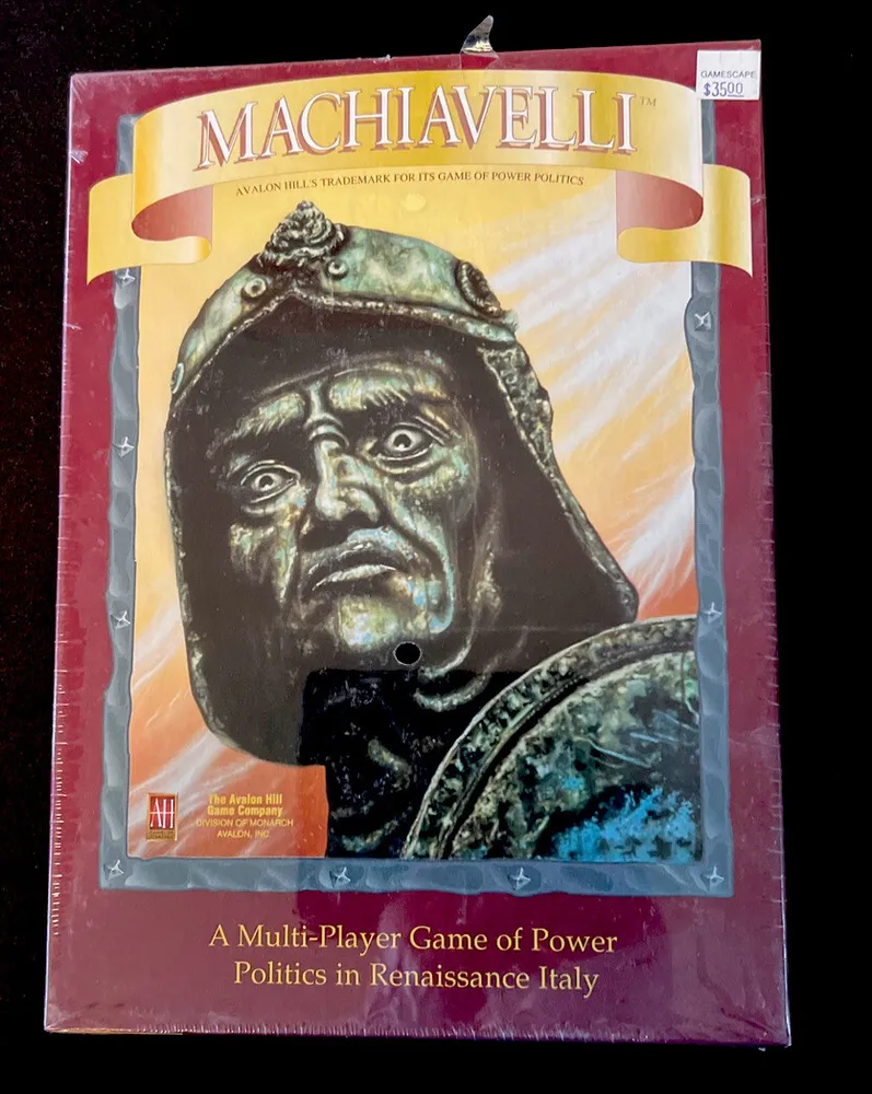 Board game "MACHIAVELLI" by Avalon Hill in shrink wrap, featuring an image of a sculpted bust on the cover with the subtitle "A Multi-Player Game of Power Politics in Renaissance Italy".