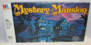 "Mystery Mansion" board game box by Milton Bradley featuring an illustration of a spooky mansion at night, intended for ages 8 to adult, 3 or 4 players.