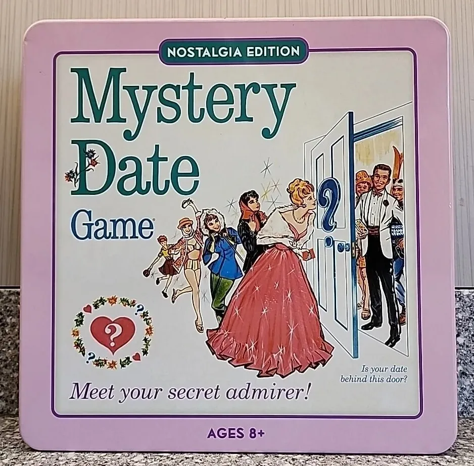 Photo of the "Mystery Date Game Nostalgia Edition" box, featuring illustrated characters dressed in various outfits and a question mark-covered door with a man in a tuxedo peeking out. Text on the box reads "Meet your secret admirer!" and indicates the game is for "AGES 8+."