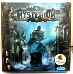Box cover of the board game "Mysterium" depicting a gloomy, snowy street scene with a vintage car, street lamps, and a mysterious mansion in the background, designed by Oleksandr Nevskiy and Oleg Sidorenko, indicating age 10+, for 2-7 players, with a typical game length of 42 minutes, and a recipient of the "As d'Or Jeu de l'Année 2016" award, by publisher Libellud.