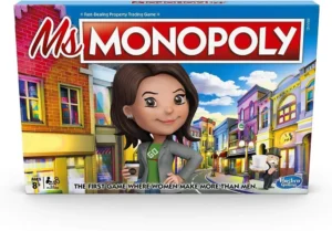 Box of the "Ms. Monopoly" board game featuring an animated female character in the foreground, with the tagline "The first game where women make more than men", colorful buildings in the background, and the Monopoly logo at the top.