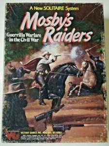 Alt text: Cover of "Mosby's Raiders", a solitaire board game depicting guerrilla warfare in the Civil War. The artwork features dynamic scenes of armed soldiers on horseback and on foot, with an emphasis on action and combat.