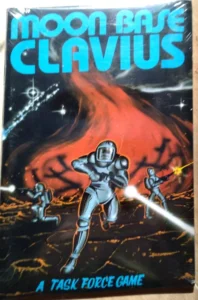 Alt text: "Cover of the 'Moon Base Clavius' board game featuring an illustration of astronauts with futuristic suits and helmets on a moon surface with lava flows, engaged in a battle with laser guns, under a dark starry sky."