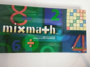 Alt text: The image is of the "MixMath" board game packaging, featuring colorful graphics with numbers, mathematical symbols, and the tagline "ADD UP YOUR FUN! QUAND LE PLAISIR S'ADDITIONNE!" with the game's logo prominently displayed.