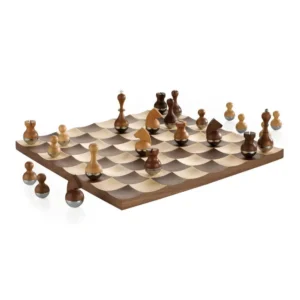 A chessboard with wooden chess pieces in mid-game, showcased in a perspective view on a white background.