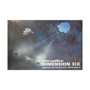A board game cover with a space theme featuring three spacecraft, a burst of white light, and the title "direct conflict in DIMENSION SIX - galactic warfare in two dimensions" against a starry, galactic background.
