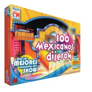 Board game "100 Mexicanos Dijeron" with colorful packaging, indicating it is based on a TV show with over 250 new real surveys included. Suitable for ages six and up.