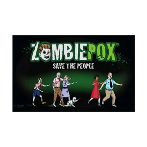 An illustration of cartoon characters, depicting zombies and humans with the text "ZOMBIEPOX SAVE THE PEOPLE" above them.