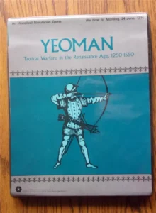 A historical simulation game box titled "YEOMAN" with a subtitle "Tactical Warfare in the Renaissance Age, 1250-1550," featuring an illustration of an archer in blue and white on a blue background. The top of the box notes "the time is: Morning, 24 June, 1314."