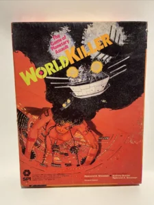 The cover of the "Worldkiller" board game, featuring a space scene with a spaceship, planets, and a large illustration of a woman surrounded by control panels. Text on the cover includes "The Game of Planetary Assault" and credits for game design and development.