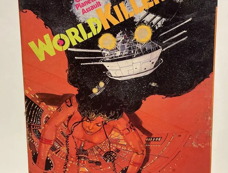 The cover of the "Worldkiller" board game, featuring a space scene with a spaceship, planets, and a large illustration of a woman surrounded by control panels. Text on the cover includes "The Game of Planetary Assault" and credits for game design and development.