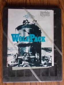 A board game called "Wolf Pack" by Strategy & Tactics, depicting the German Submarine War in the North Atlantic from 1939 to 1941, featuring a black and white image of a submarine on its cover.