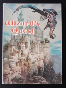 Alt text: Cover of "Wizard's Quest" board game featuring a majestic castle on a cliff with mountains in the background and a dragon flying above.