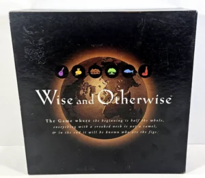 Box cover for the board game "Wise and Otherwise" displaying a partially illuminated Earth globe with various symbols and text on a black background.
