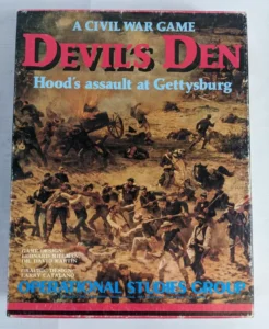The image shows the cover of a board game titled "Devil's Den," described as a Civil War game portraying Hood's assault at Gettysburg. The cover features an illustration of a chaotic battle scene with soldiers, cannons, and smoke. Text at the bottom credits game design to Leonard Milman and Dr. David Martin, graphic design to Larry Catalano, and is marked with "OPERATIONAL STUDIES GROUP."
