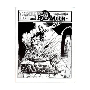 Black and white comic book page featuring a title "White Bear and RED MOON" with an illustration of a bear rearing up amid a splash in a fountain or pool, a cloaked figure observing from a distance, and a character with a staff approaching on a pathway.