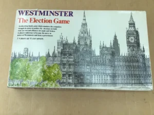 A board game titled "WESTMINSTER The Election Game" with an illustration of the iconic British Parliament buildings on the cover, suitable for 2-6 players aged 11 years upwards.