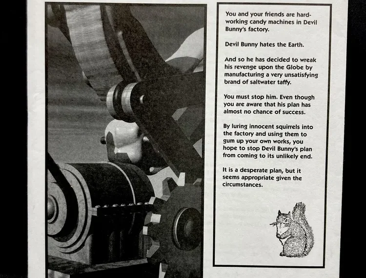 An advertisement for a board game titled "Devil Bunny Hates the Earth," described as a Cheapass Board Game for 2-5 players. The text outlines the premise of the game where players are candy machines in Devil Bunny's factory trying to thwart his plan to destroy the earth with unsatisfying saltwater taffy. The requirements for the game, including pawns, counters, and a six-sided die, are listed at the bottom, alongside a black-and-white drawing of a squirrel and a pair of pawns. The Cheapass Games logo and item number are also visible.