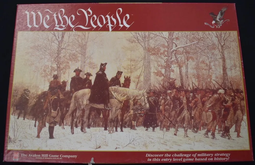 Alt text: The cover of "We the People" board game by The Avalon Hill Game Company, featuring an illustration of Revolutionary War soldiers on horseback and on foot in a snowy forested landscape with the game's title at the top in stylized red font, and a description at the bottom reading "Discover the challenge of military strategy in this entry level game based on history!"
