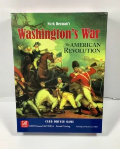 Box cover of "Washington's War: The American Revolution," a card-driven game by Mark Herman, depicting a Revolutionary War scene with soldiers in combat.