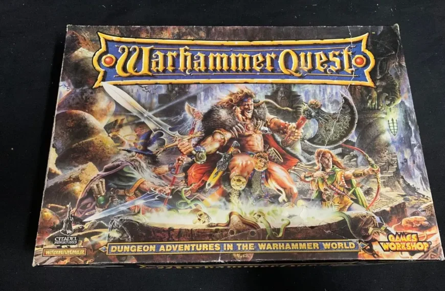 Box cover of "Warhammer Quest" board game featuring fantasy artwork with warriors and monsters, and logos for Citadel Miniatures and Games Workshop.