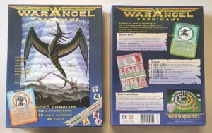 Two "Warangel Card Game" boxes are displayed side by side with some playing cards next to them; the left one shows the cover with a dragon and title, while the right one displays the back with text and images describing game contents and rules.