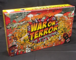 A board game titled "WAR ON TERROR The Boardgame" packaged in a colorful box with animated illustrations of various characters and chaotic scenes.
