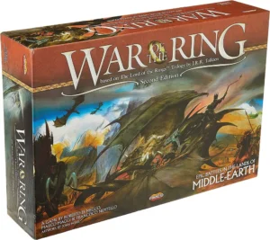 The image shows "War of the Ring" board game box, second edition, based on "The Lord of the Rings" trilogy by J.R.R. Tolkien, with vibrant artwork depicting epic battles in Middle-earth.