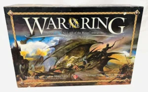 "WoThe box cover of the "War of the Ring" board game, featuring a fantasy battle scene with dragons and warriors, based on J.R.R. Tolkien's "The Lord of the Rings" trilogy, designed for 2-4 players and illustrated by John Howe."
