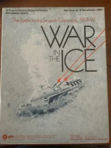 An image of a board game cover titled "War in the Ice", depicting a drawing of a ship with red laser beams striking it, with text indicating it's a future history/science fiction simulation game about the battle for the seventh continent, dated 1991-92. The game was designed by Phil Kosnett with graphic design by Redmond A. Simonsen, and it's produced by SPI.