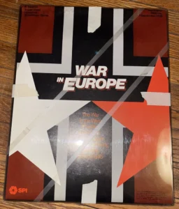 An aged board game cover titled "WAR IN EUROPE" with abstract geometric shapes in red, black, and white colors, featuring text that reads "A Special Super-sized Historical Simulation Game," "The War in the West Extension Kit," and "September 1939," along with the SPI (Simulations Publications, Inc.) logo at the bottom left. The cover shows signs of wear and tear, with tape on the edges.