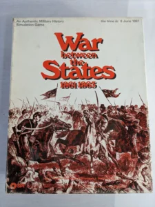 A vintage board game titled "War between the States 1861-1865" with a detailed illustration depicting a Civil War battle scene on its cover.