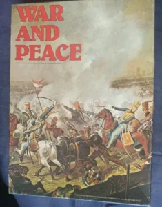 A book cover for "War and Peace" featuring a historic battle scene with soldiers in combat and a smoky battleground in the background. The title is in large red letters at the top.