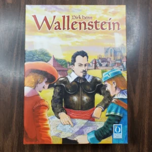 A board game cover titled "Wallenstein" with artwork showing a central male figure in a historical military outfit pointing at a map, flanked by two individuals, with a medieval European village in the background. The game is designed by Dirk Henn and published by Queen Games.