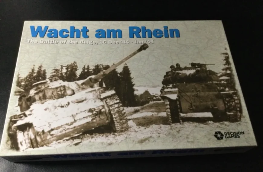 A boxed board game titled "Wacht am Rhein: The Battle of the Bulge, 16 Dec '44 - Jan '45", depicting World War II tanks in a snowy landscape, by Decision Games.