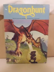 A boxed board game titled "Dragonhunt" with an illustration of a large, winged dragon breathing fire towards a diminutive armored knight who is preparing to fight back.