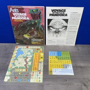 A display of game materials for "Voyage of the B.S.M. Pandora," including game box cover art, manuals, a board with hexagonal mapping, and several charts on a table with a blue background.
